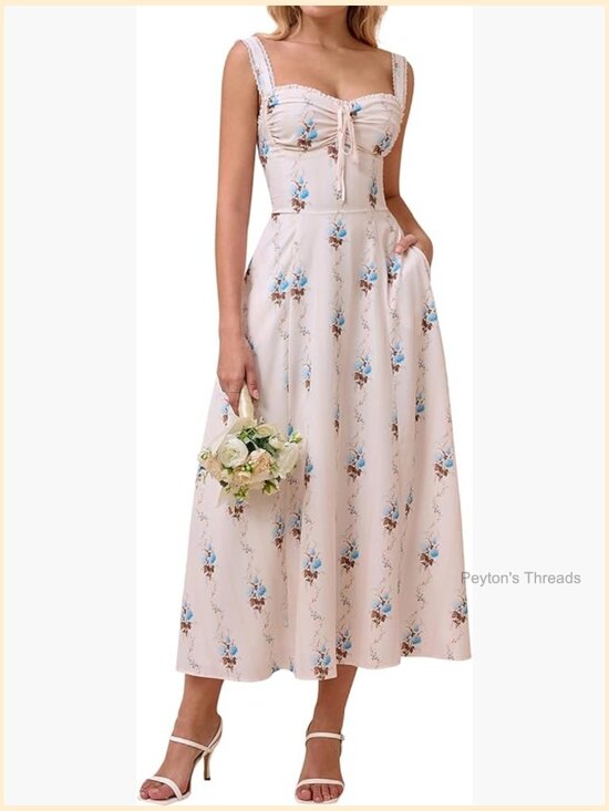 Dresses & Skirts - Lace Up Corset Midi Dress with Pockets Flowy A-Line Sweetheart Neckline